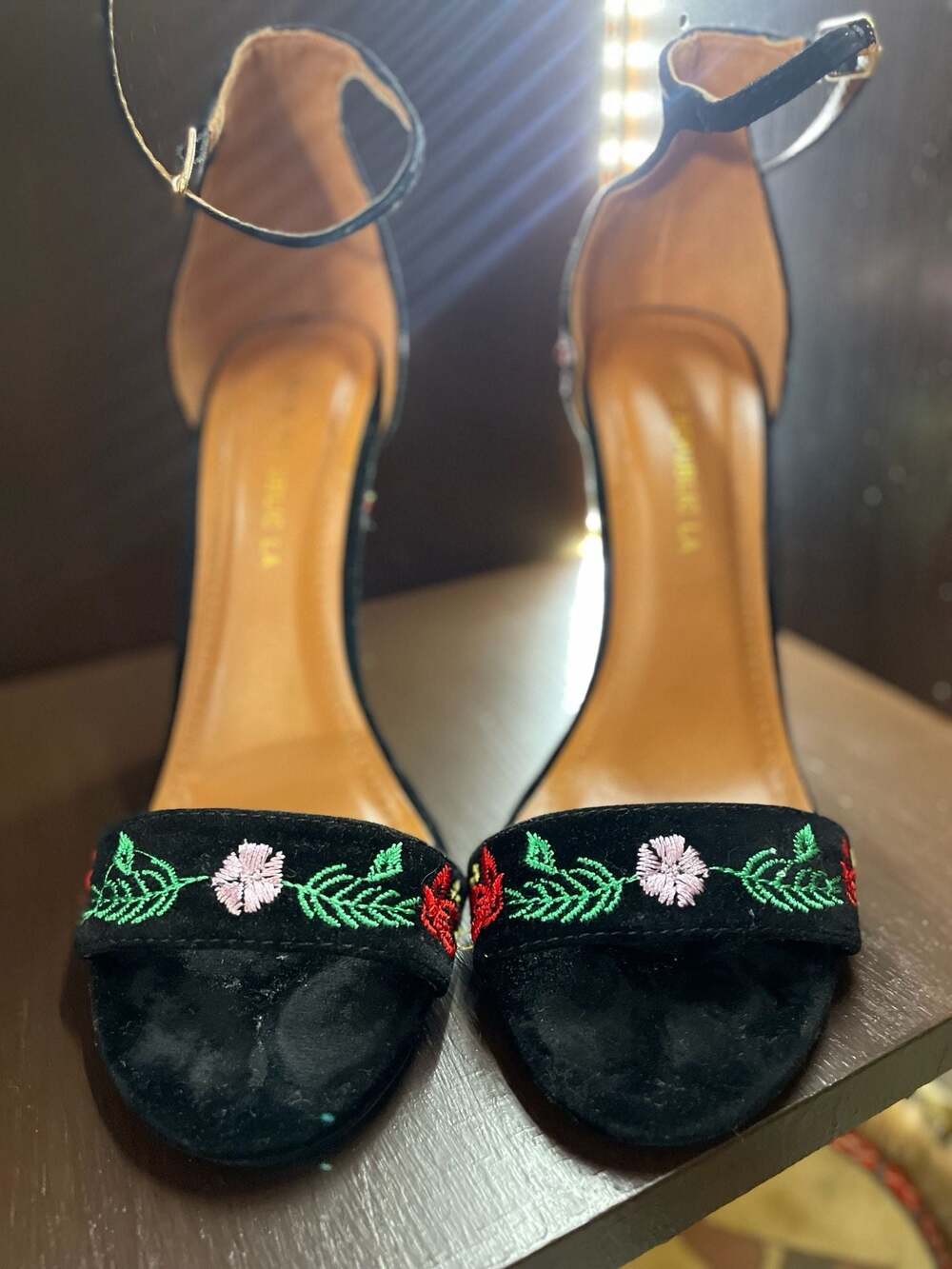 Shoe Republic LA Black Floral Embroidered Ankle Strap Block Heels